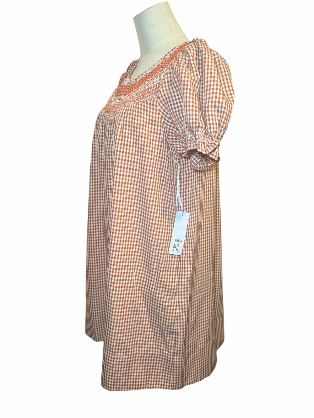 NWT J Marie Logan Gingham Smocked Puff Sleeve Mini Dress Burnt Orange S - Picture 8 of 10